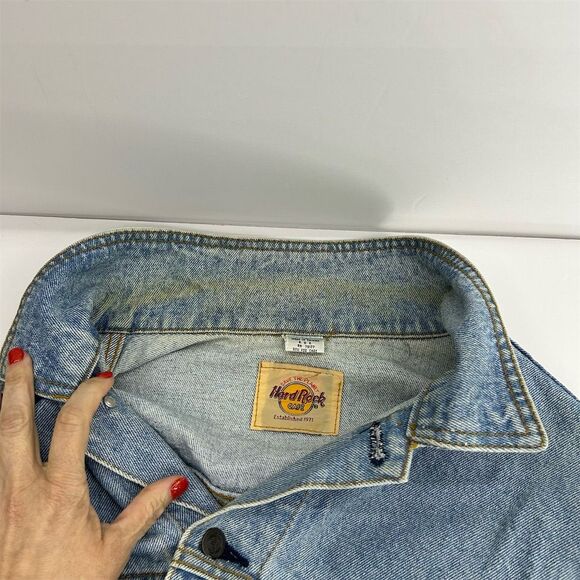 Vintage Hard Rock Cafe Orlando Unisex XL Blue Denim Bomber Jacket Music Flawed - Picture 5 of 16